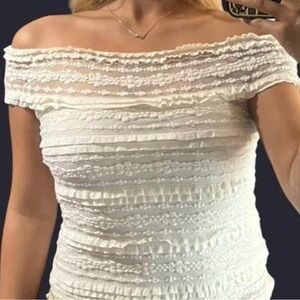 Max Studio White Off-Shoulder Ruffle Crop Top